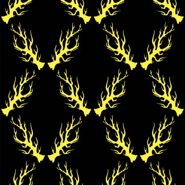 Vector illustration of illustration with animal gold horns silhouettes isolated on black background. Seamless pattern