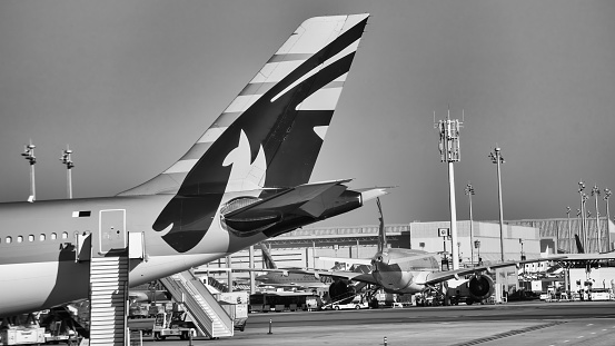 Doha, Qatar - December 12, 2016: Airplane on the runway of Hamad International Airport.