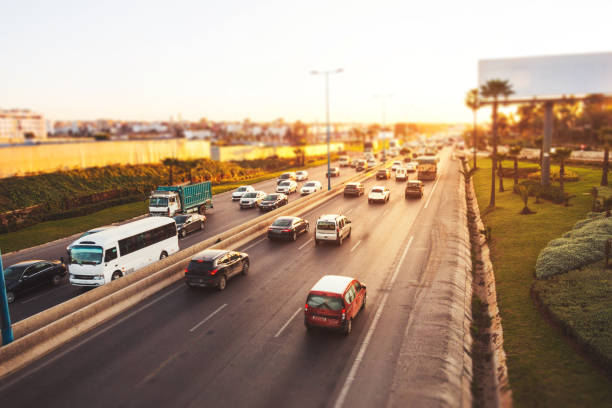 istock High angle view of the highway and traffic on evening 1443934599