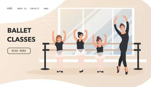 Vector illustration of Ballerina, teacher and little girls dancing classic ballet.