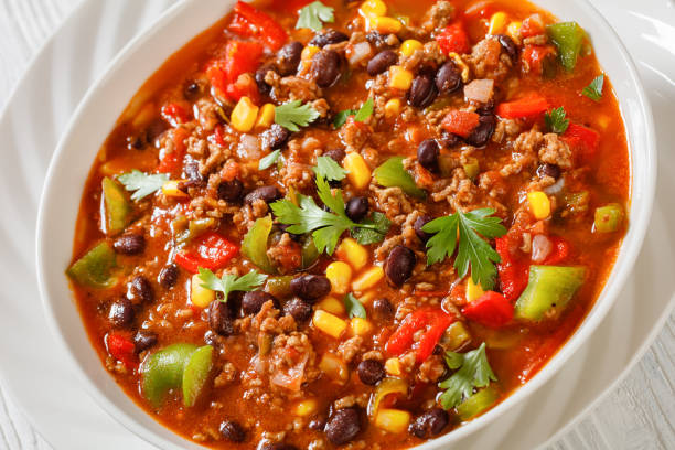 istock taco soup of ground beef, corn, beans and veggies 1443940181