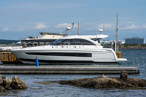 Gothenburg, Sweden - July 24 2022: Docked Jeanneau Leader 46 powerboat.