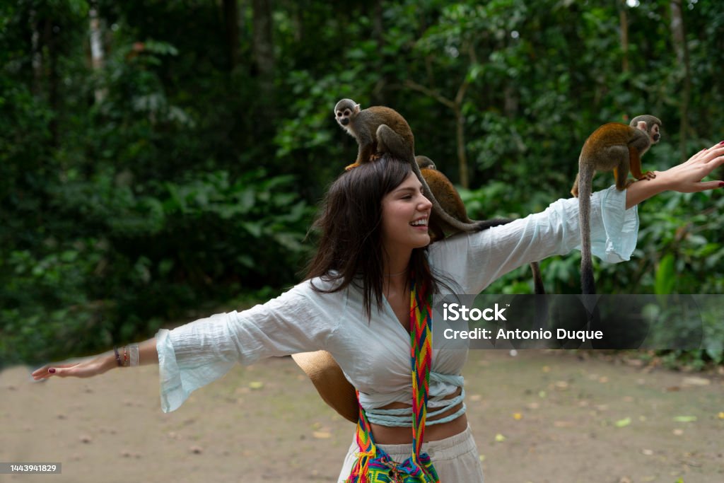 people traveling travel people in the amazon with monkeys enjoying nature. Amazon Region Stock Photo