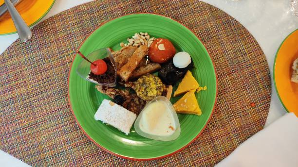 A view from the top  of a platter with sweets