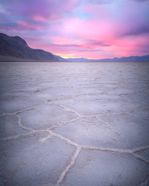 Salt flat with distant mountains stock photo