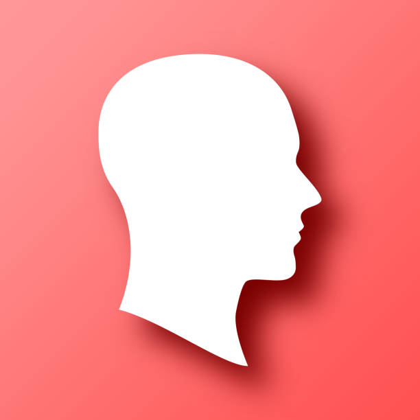머리 프로필. 그림자가 있는 빨간색 배경의 아이콘 - human head silhouette human face symbol stock illustrations