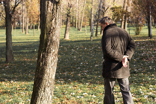 Portrait of pensive senior man walking at park