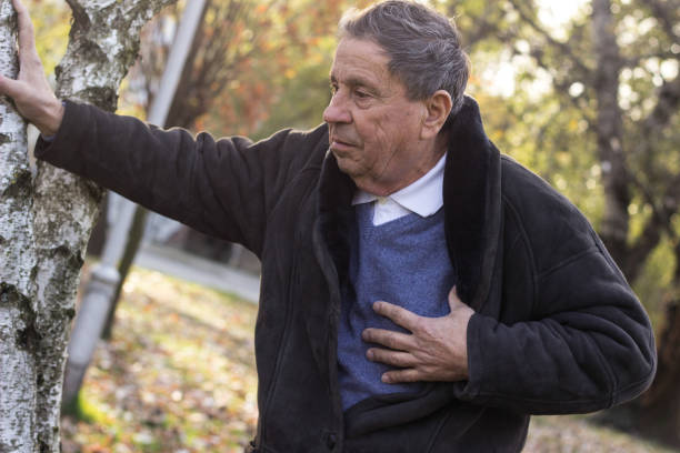 Senior man having heart attack after walking at park stock photo