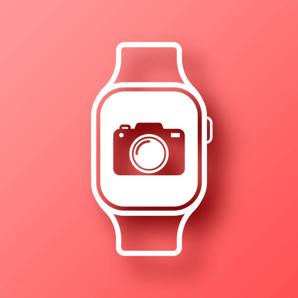 ilustrações de stock, clip art, desenhos animados e ícones de smartwatch with camera. icon on red background with shadow - conference call flash