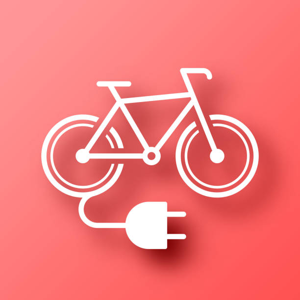 ilustrações, clipart, desenhos animados e ícones de bicicleta elétrica com plugue. ícone no fundo vermelho com sombra - bicycle racing bicycle isolated red
