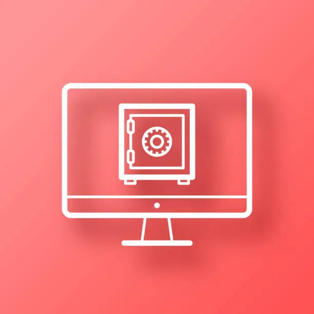 Vector illustration of Desktop computer with safe box. Icon on Red background with shadow