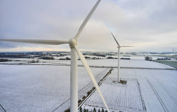 Aerial photography of wind power generation in winter snow