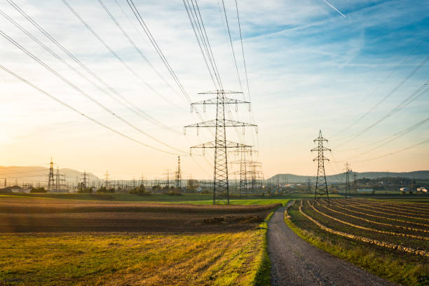 lignes électriques au coucher du soleil - ligne à haute tension photos et images de collection