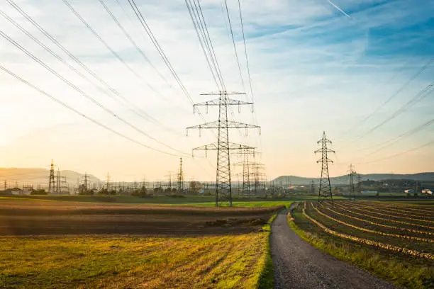 Electric power lines in an agrar field during sunset.