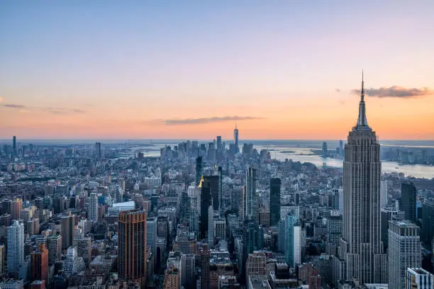 NYC Cityscape at Sunset captured from a residential skyscraper in downtown NYC