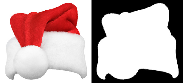Santa Claus hat or Christmas red cap isolated on white background with hairy clipping mask (alpha channel) for quick isolation. Easy to selection object.