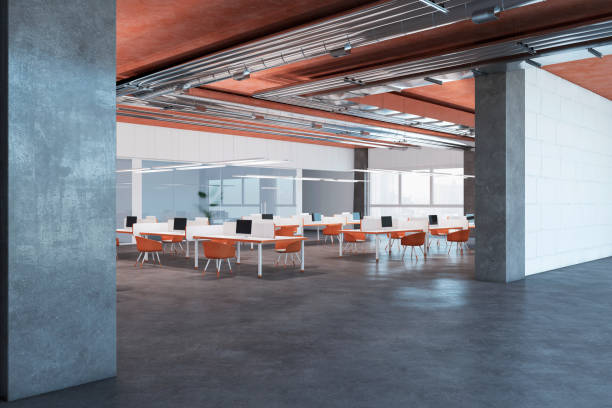 istock Clean grunge coworking office interior with city view and furniture. 3D Rendering 1443963243