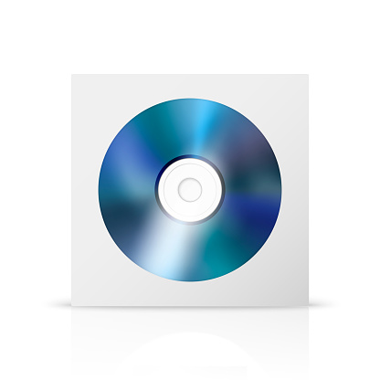 Vector 3d Realistic Blue CD, DVD with Paper Cover, Envelope, Case Isolated. CD Box, Packaging Design Template for Mockup. Compact Disk Icon, Front View