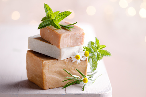 Soap bars with fresh chamomile,rosemary and mint