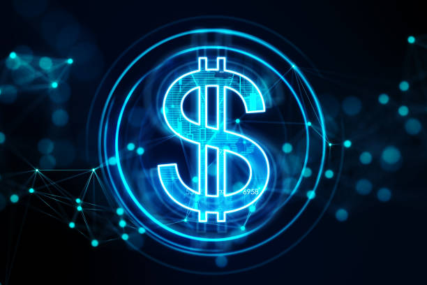istock Digital dollar symbol on abstract dark blue background with glowing dots. 3d rendering 1443968111