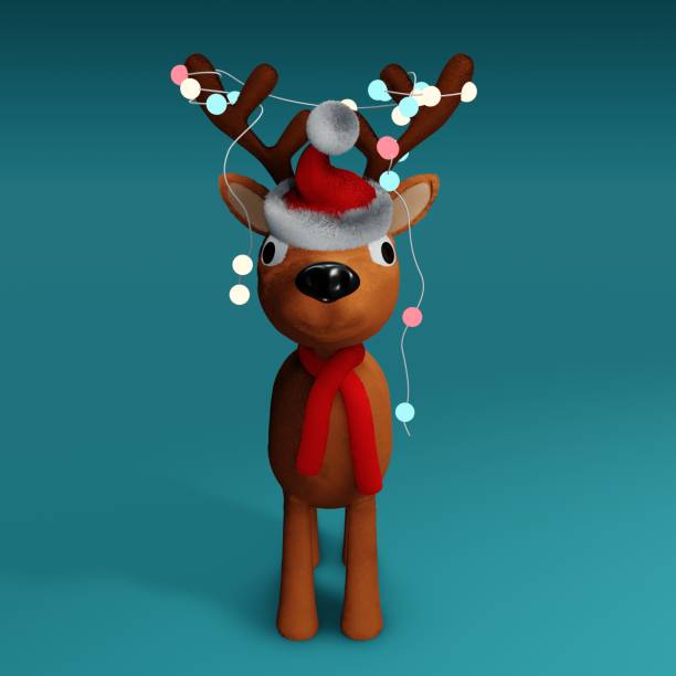 istock Cute Christmas reindeer figurine with colorful lights. 3D render 1443968323