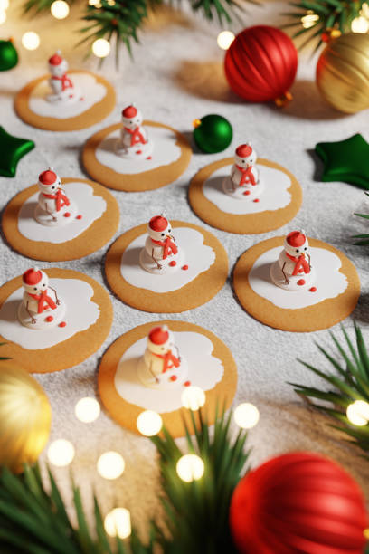 Melting snowman Christmas cookies on white background. 3D render