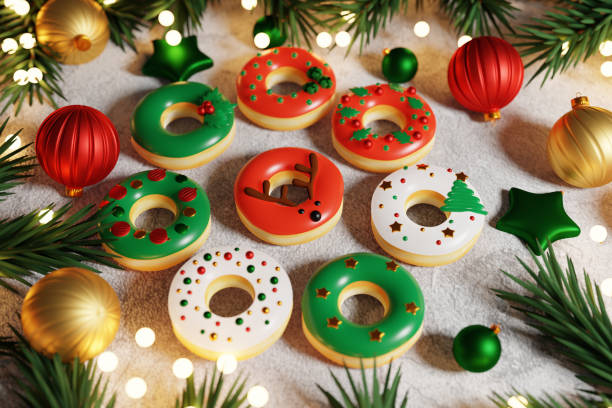 istock Set of assorted Christmas donuts against Christmas lights. 3D render 1443968325