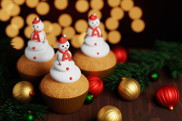 Christmas snowman cupcakes against Christmas lights. 3D render