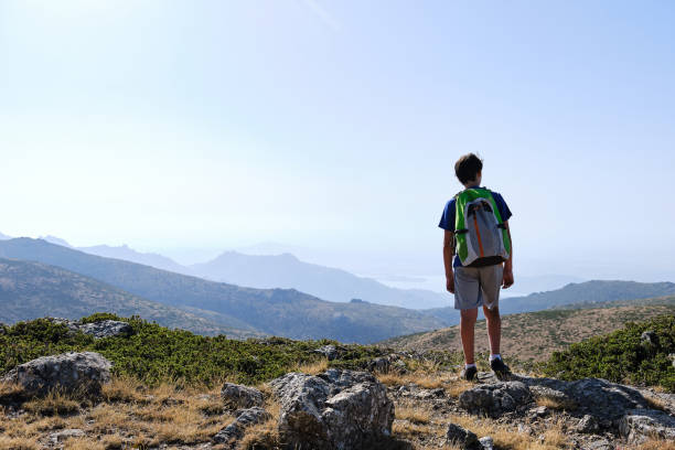 Teenage hiker admiring the view from the top of a hill. stock photo