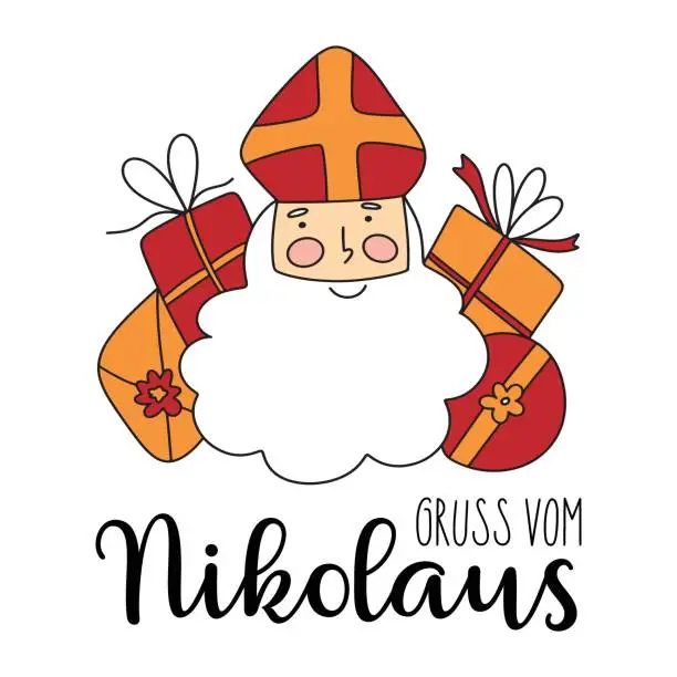Vector illustration of Gruss vom Nikolaus - German Translation - greetings from nicholas. Saint Nicholas cute doodle portrait with different gift boxes, presents for kids, sweet greeting card.