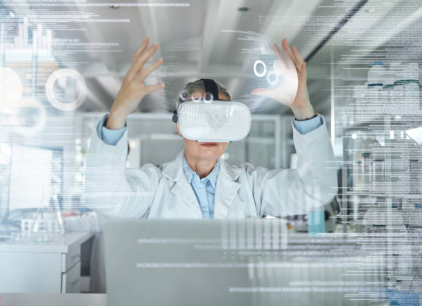 istock VR, science and ux with a woman engineer working on research and innovation in a 3d lab with overlay. Digital, metaverse and virtual reality with a scientist at work on analytics in a laboratory 1443975081