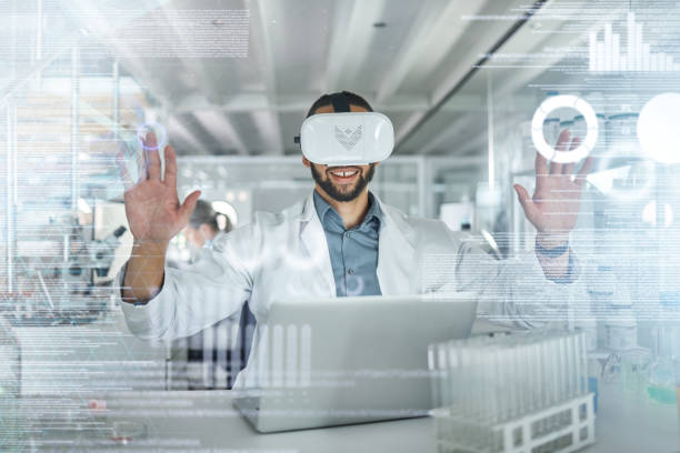 istock Virtual reality, ui and scientist man in metaverse for research with information technology on futuristic 3d screen in science lab. Future, innovation and researcher in vr headset with medical ai 1443978577
