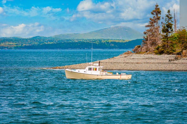 With Cadillac Mountain rising in the background, a small lobster boat fishes off an island in Frenchman's Bay off the coast of Bar Harbor, Maine