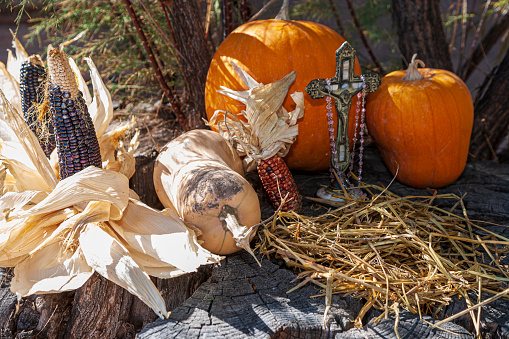 Pumpkins are warmly associated with Autumn with the bright orange color. This setting is during a Harvest Festival and the pumpkins are sitting on straw with a silver cross and Rosary Beads, dried Indian corn and a  gourd in the setting.