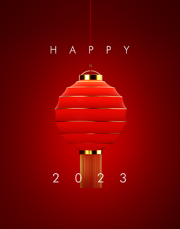 Happy 2023 message over red Chinese lantern on red background. Chinese Lunar Year concept. Horizontal composition with copy space.