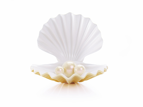 Open sea shell and pearls on white background. Horizontal composition with copy space. Front view. Luxury concept.