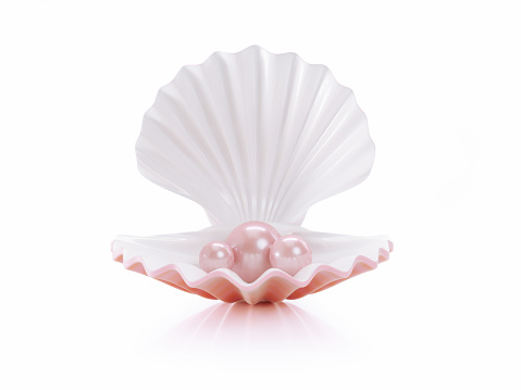 Open sea shell and pink pearls on white background. Horizontal composition with copy space. Front view. Luxury concept.