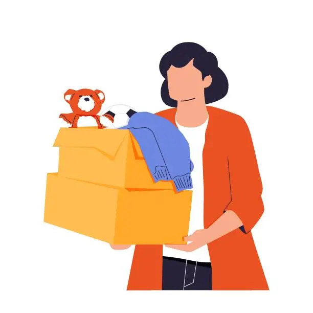 Vector illustration of Smiling woman with box help people in need with food and supplies. Happy girl volunteer show aid and assistance to poor.
