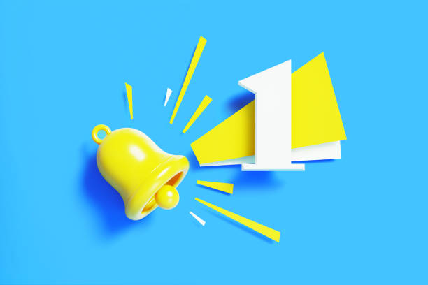 Yellow subscription bell and white number 1 on blue background. Horizontal composition with copy space. Subscription and notification concept.