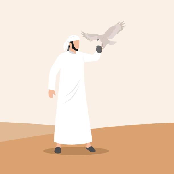 Arab Sheikh with pets Eagle. In style Cartoon flat Vector Illustration Arab Sheikh with pets Eagle. In style Cartoon flat Vector Illustration personal finance sudia stock illustrations
