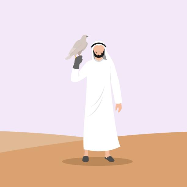 arab sheikh with pets eagle. in style cartoon flat vector illustration - 阿治曼酋長國 幅插畫檔、美工圖案、卡通及圖標