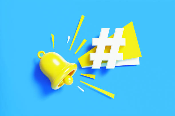 istock Subscription Concept - Yellow Notification Bell And White Hashtag Symbol On Blue Background 1443983848