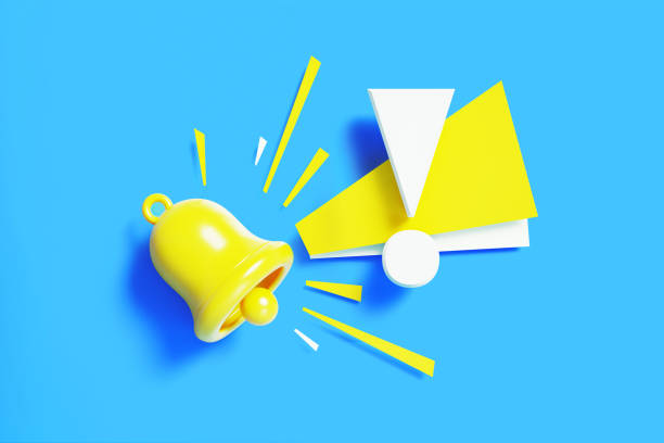 istock Subscription Concept - Yellow Notification Bell And White Exclamation Point On Blue Background 1443983919