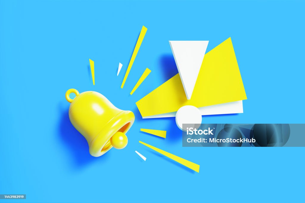 Subscription Concept - Yellow Notification Bell And White Exclamation Point On Blue Background Yellow subscription bell and white exclamation point on blue background. Horizontal composition with copy space. Subscription and notification concept. Abstract Stock Photo