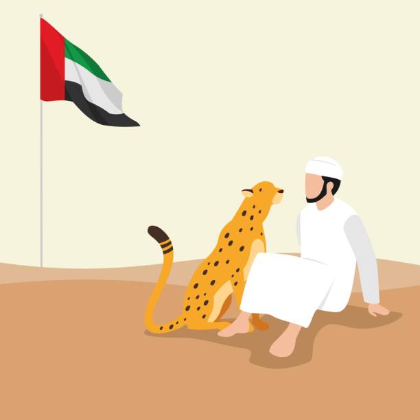Arab Sheikh with pets tiger. In style Cartoon flat Vector Illustration Arab Sheikh with pets tiger. In style Cartoon flat Vector Illustration personal finance sudia stock illustrations