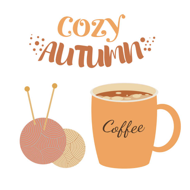 Cozy autumn set Concept for a cozy autumn. Vector illustration knitted pumpkin stock illustrations