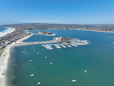 Aerial view of boats and kayaks in Mission Bay in San Diego, California. USA. Famous tourist destination