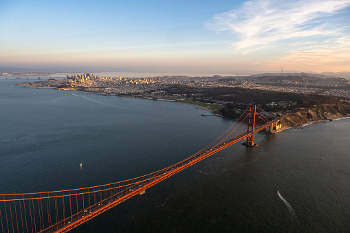 Helicopter point of view of the Golden Gate Bridge.  Icons of California, USA. San Francisco landmarks.