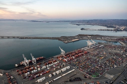 Helicopter view of the Port of Oakland, California.