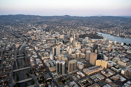 Helicopter point of view of downtown Oakland. California cityscapes.
